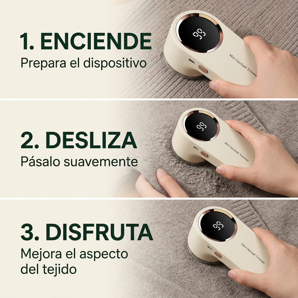Secuencia de uso del quitapelusas LINTORA en tres pasos sobre una prenda compatible
