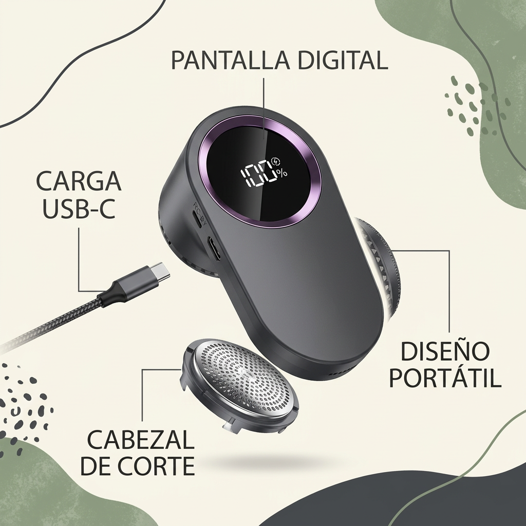 Elementos visibles del quitapelusas LINTORA: pantalla digital, puerto USB-C, cabezal de corte y formato portátil